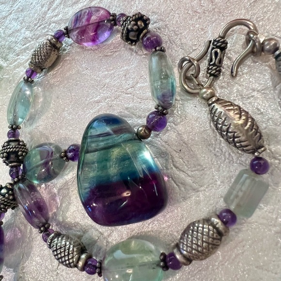 Natural Fluorite 925 Sterling silver Necklace. Large Tri-color Fluorite Pendant - Picture 6 of 15